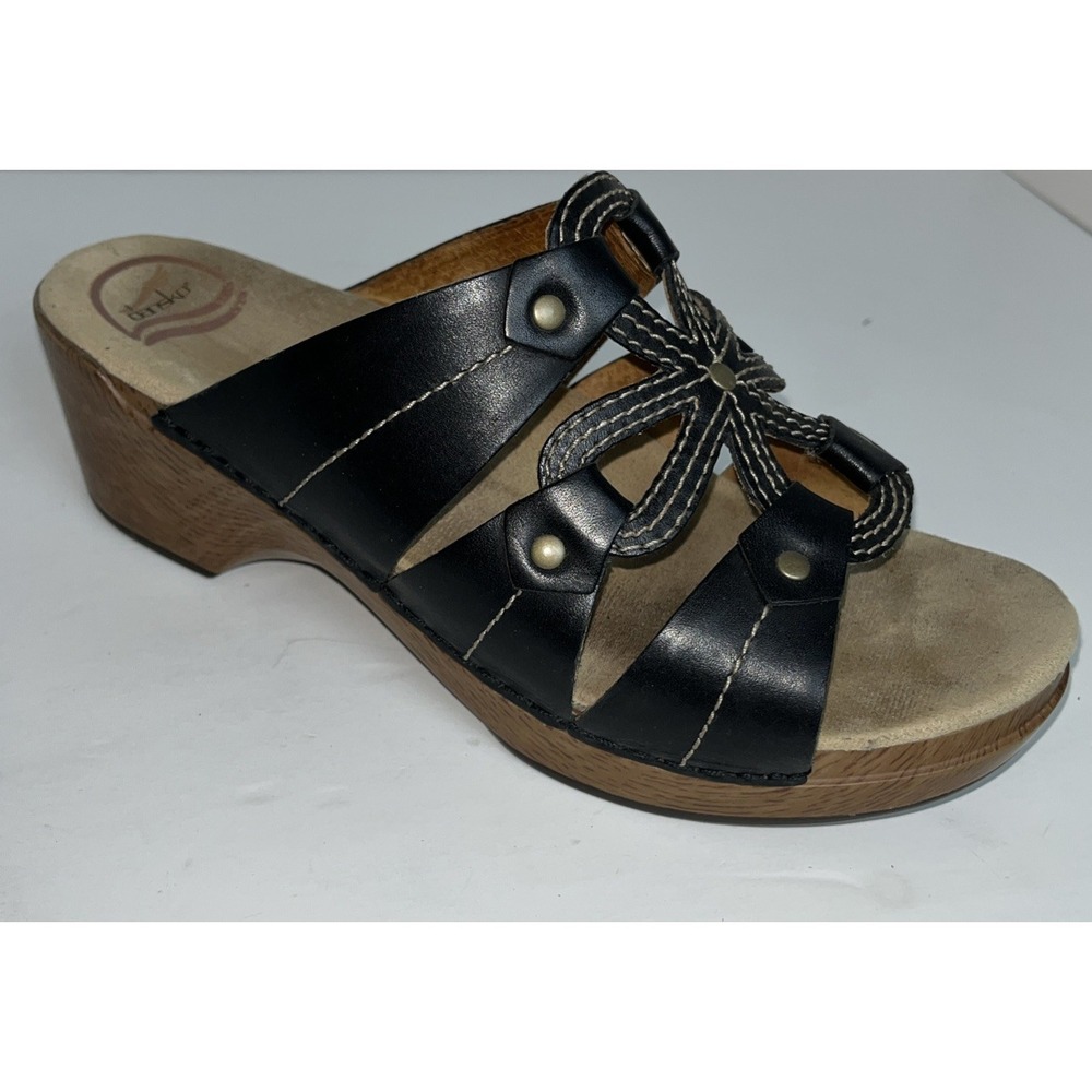 Dansko Serena Women's Size 41/ 10.5-11 US Black Leather Flower Wedge